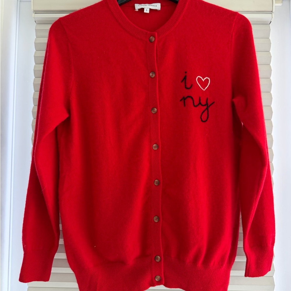 Lingua Franca Red 100% Cashmere “I ❤️ NY” Cardigan Sweater